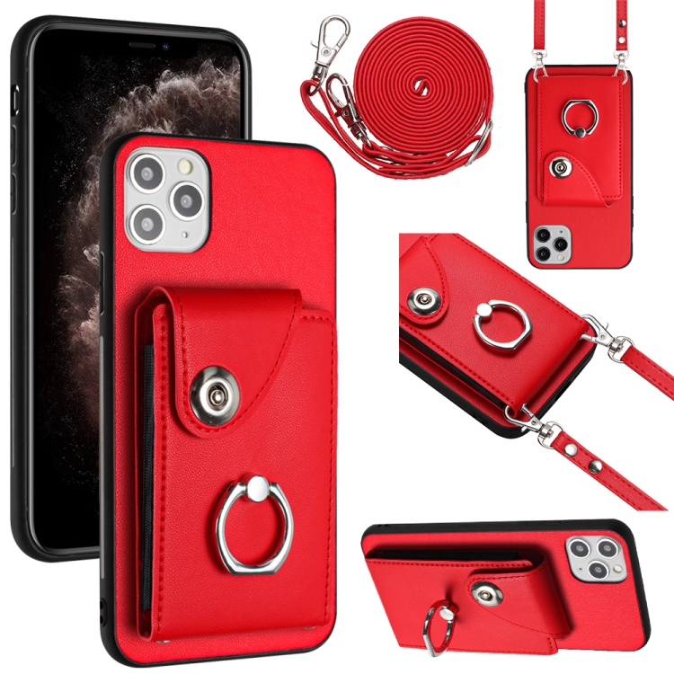 

For iPhone 11 Pro Organ Card Bag Ring Holder Phone Case with Long Lanyard(Red)