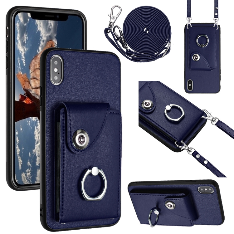 

For iPhone X / XS Organ Card Bag Ring Holder Phone Case with Long Lanyard(Blue)