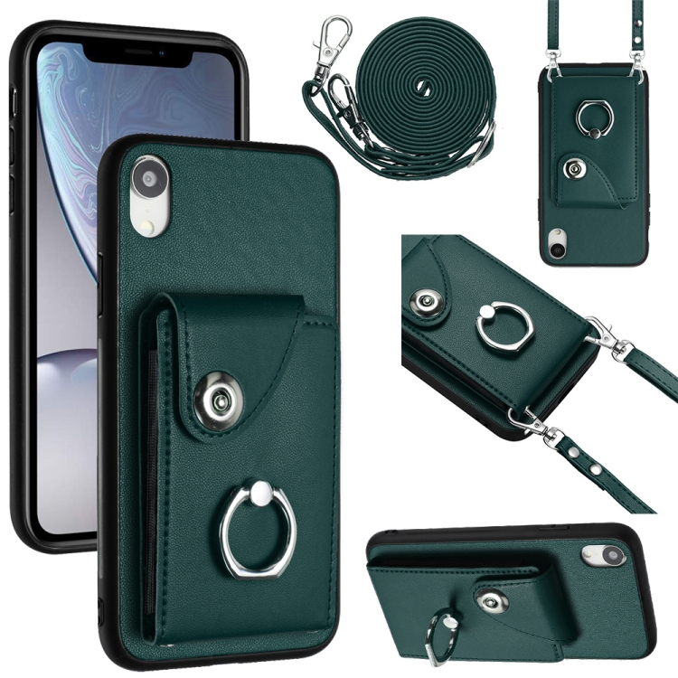 

For iPhone XR Organ Card Bag Ring Holder Phone Case with Long Lanyard(Green)
