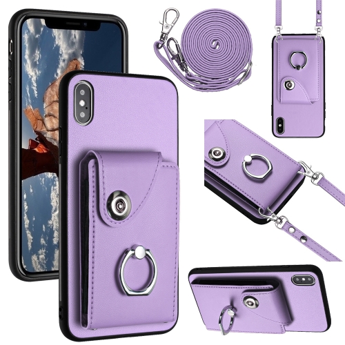 

For iPhone XS Max Organ Card Bag Ring Holder Phone Case with Long Lanyard(Purple)