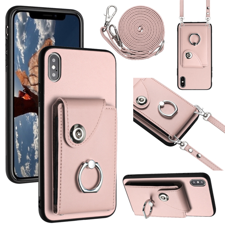 

For iPhone XS Max Organ Card Bag Ring Holder Phone Case with Long Lanyard(Pink)