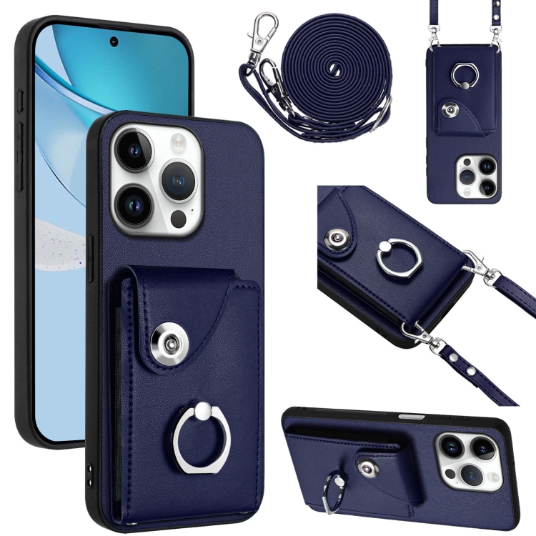

For iPhone 16 Pro Organ Card Bag Ring Holder Phone Case with Long Lanyard(Blue)