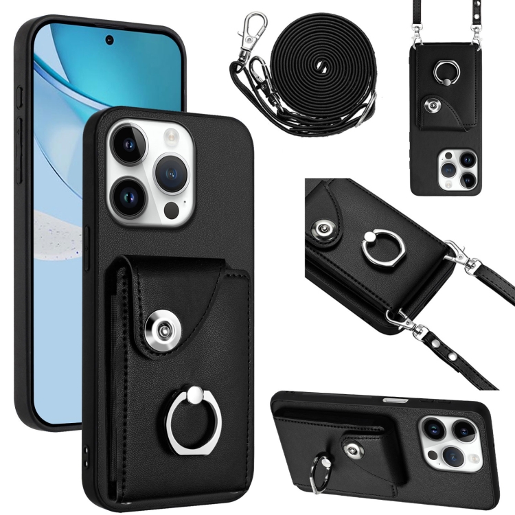 

For iPhone 16 Pro Organ Card Bag Ring Holder Phone Case with Long Lanyard(Black)