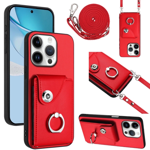 

For iPhone 16 Pro Organ Card Bag Ring Holder Phone Case with Long Lanyard(Red)