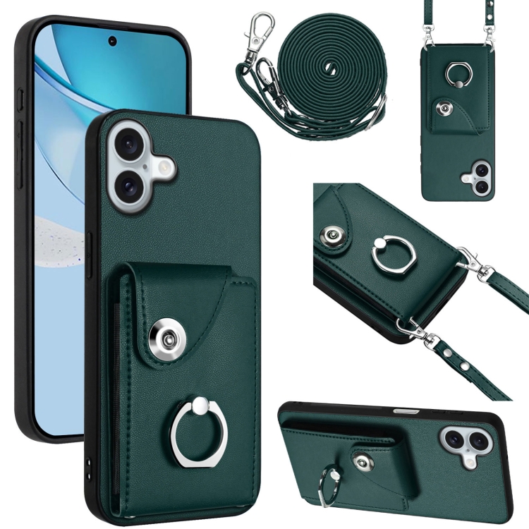 

For iPhone 16 Plus Organ Card Bag Ring Holder Phone Case with Long Lanyard(Green)