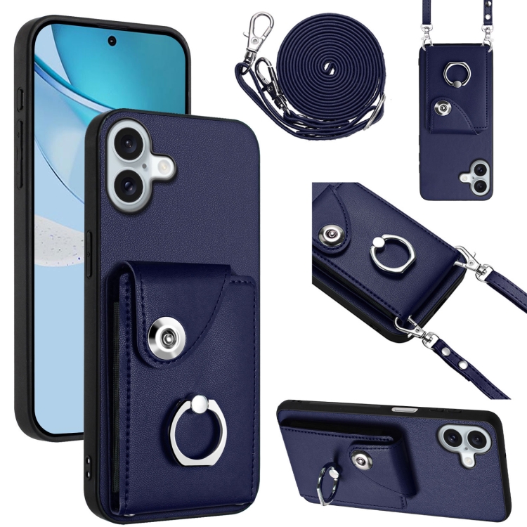 

For iPhone 16 Plus Organ Card Bag Ring Holder Phone Case with Long Lanyard(Blue)