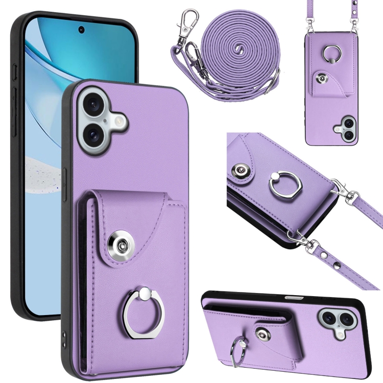 

For iPhone 16 Plus Organ Card Bag Ring Holder Phone Case with Long Lanyard(Purple)