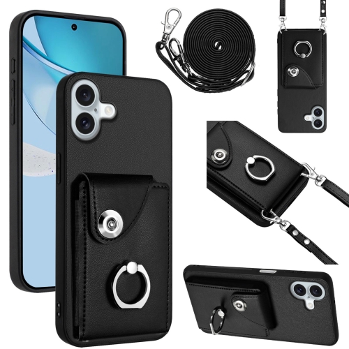 

For iPhone 16 Plus Organ Card Bag Ring Holder Phone Case with Long Lanyard(Black)