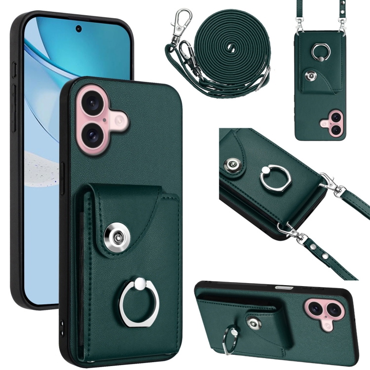 

For iPhone 16 Organ Card Bag Ring Holder Phone Case with Long Lanyard(Green)