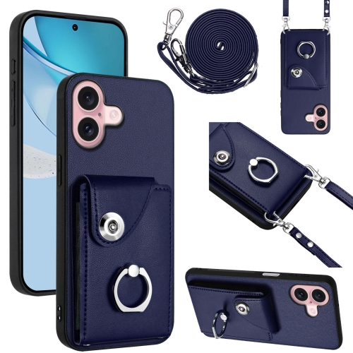 

For iPhone 16 Organ Card Bag Ring Holder Phone Case with Long Lanyard(Blue)