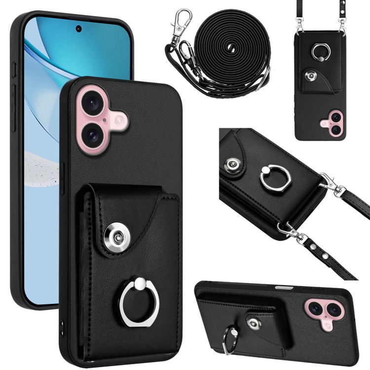 

For iPhone 16 Organ Card Bag Ring Holder Phone Case with Long Lanyard(Black)