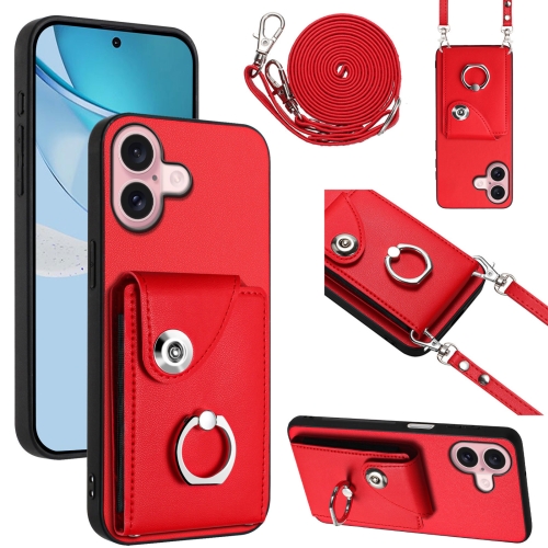 

For iPhone 16 Organ Card Bag Ring Holder Phone Case with Long Lanyard(Red)