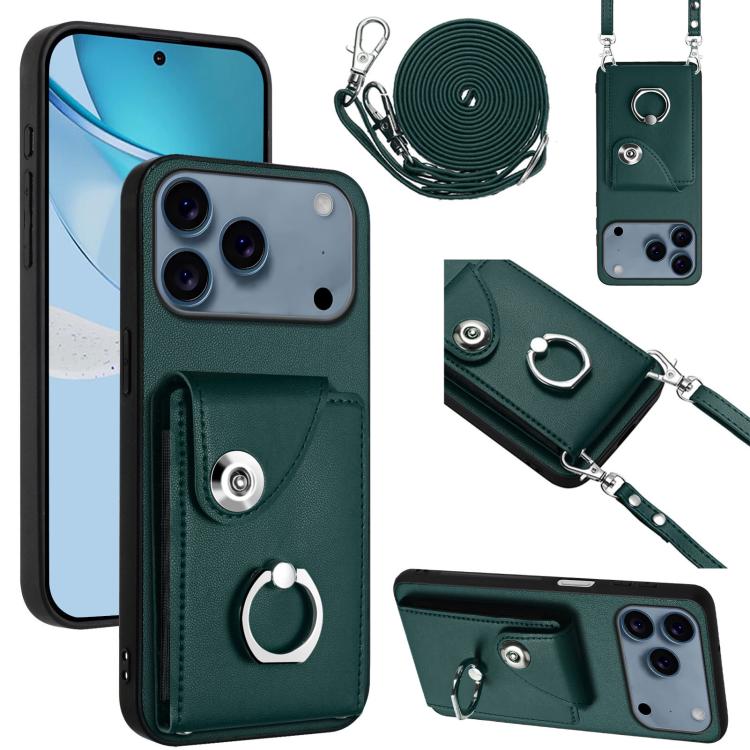 

For iPhone 17 Pro Max Organ Card Bag Ring Holder Phone Case with Long Lanyard(Green)