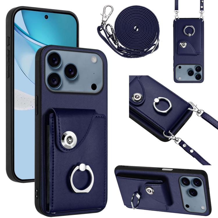 

For iPhone 17 Pro Max Organ Card Bag Ring Holder Phone Case with Long Lanyard(Blue)