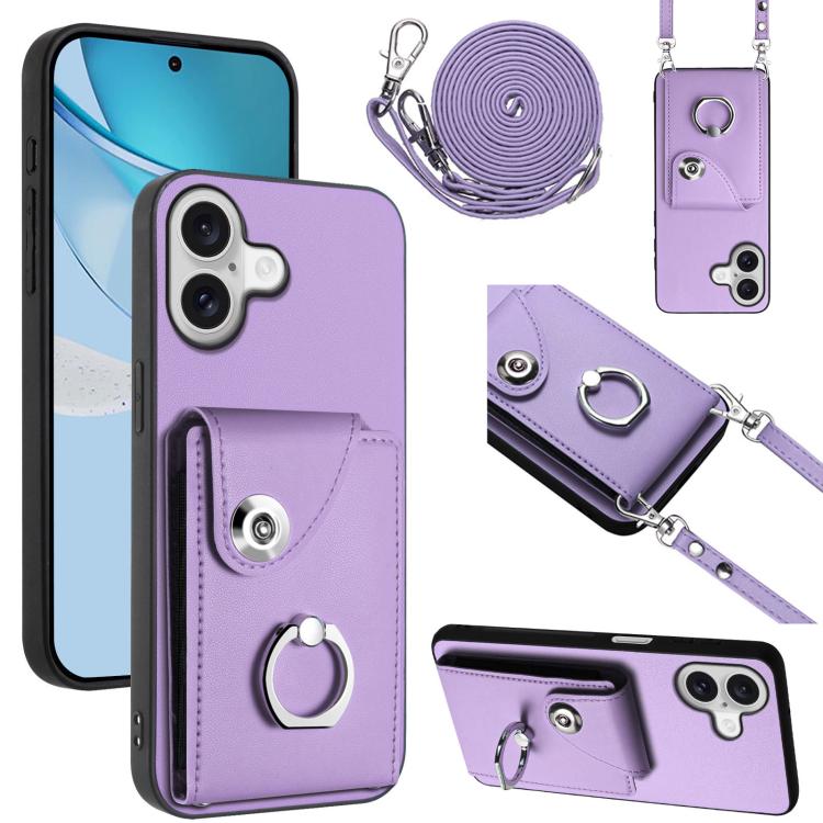 

For iPhone 17 Organ Card Bag Ring Holder Phone Case with Long Lanyard(Purple)