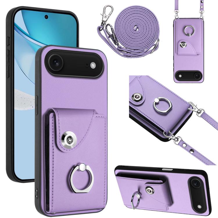 

For iPhone 17 Air Organ Card Bag Ring Holder Phone Case with Long Lanyard(Purple)