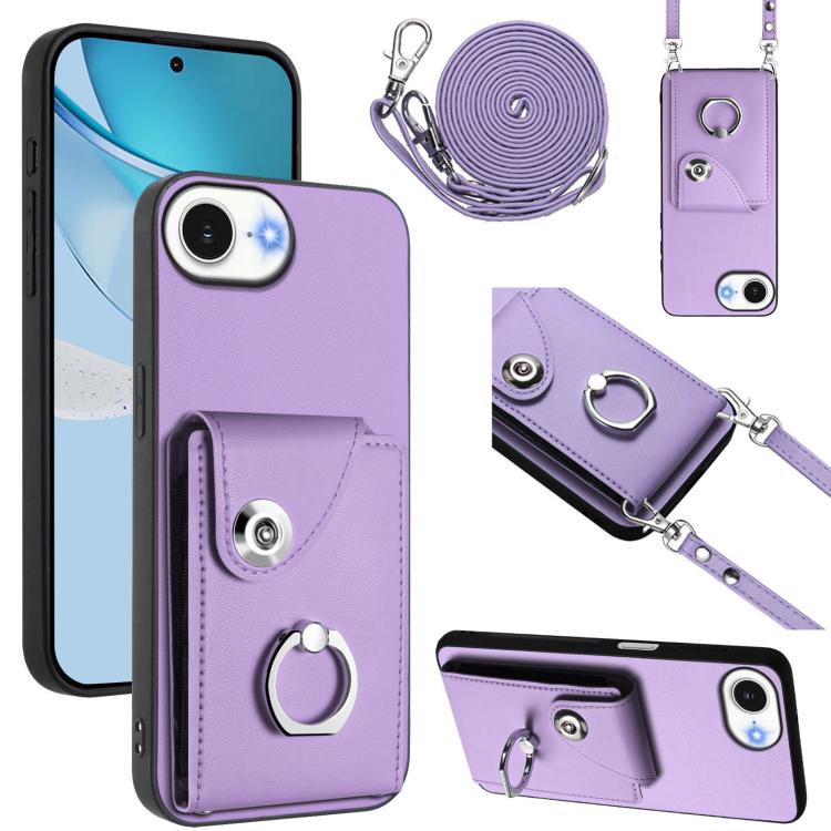 

For iPhone 16e Organ Card Bag Ring Holder Phone Case with Long Lanyard(Purple)
