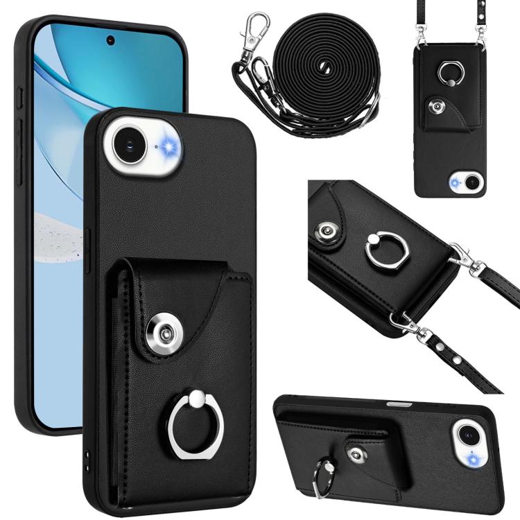 

For iPhone 16e Organ Card Bag Ring Holder Phone Case with Long Lanyard(Black)