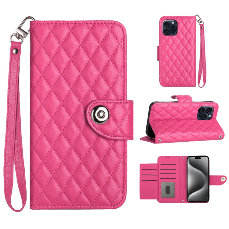 

For iPhone 15 Pro Max Rhombic Texture Flip Leather Phone Case with Lanyard(Rose Red)
