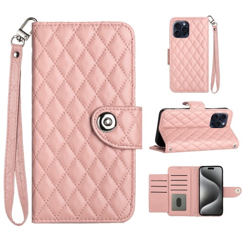 

For iPhone 15 Pro Rhombic Texture Flip Leather Phone Case with Lanyard(Coral Pink)