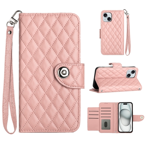 

For iPhone 15 Plus Rhombic Texture Flip Leather Phone Case with Lanyard(Coral Pink)