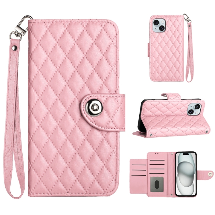 

For iPhone 15 Plus Rhombic Texture Flip Leather Phone Case with Lanyard(Pink)