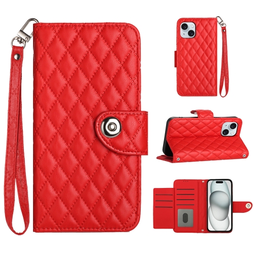 

For iPhone 15 Rhombic Texture Flip Leather Phone Case with Lanyard(Red)