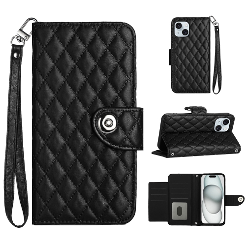 

For iPhone 15 Rhombic Texture Flip Leather Phone Case with Lanyard(Black)