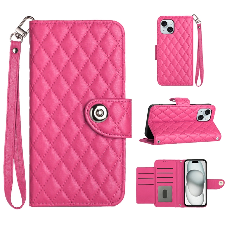 

For iPhone 14 Plus Rhombic Texture Flip Leather Phone Case with Lanyard(Rose Red)