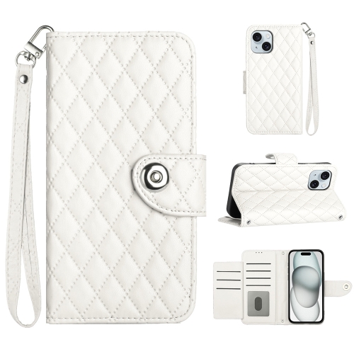 

For iPhone 14 Rhombic Texture Flip Leather Phone Case with Lanyard(White)