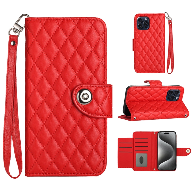 

For iPhone 14 Pro Rhombic Texture Flip Leather Phone Case with Lanyard(Red)
