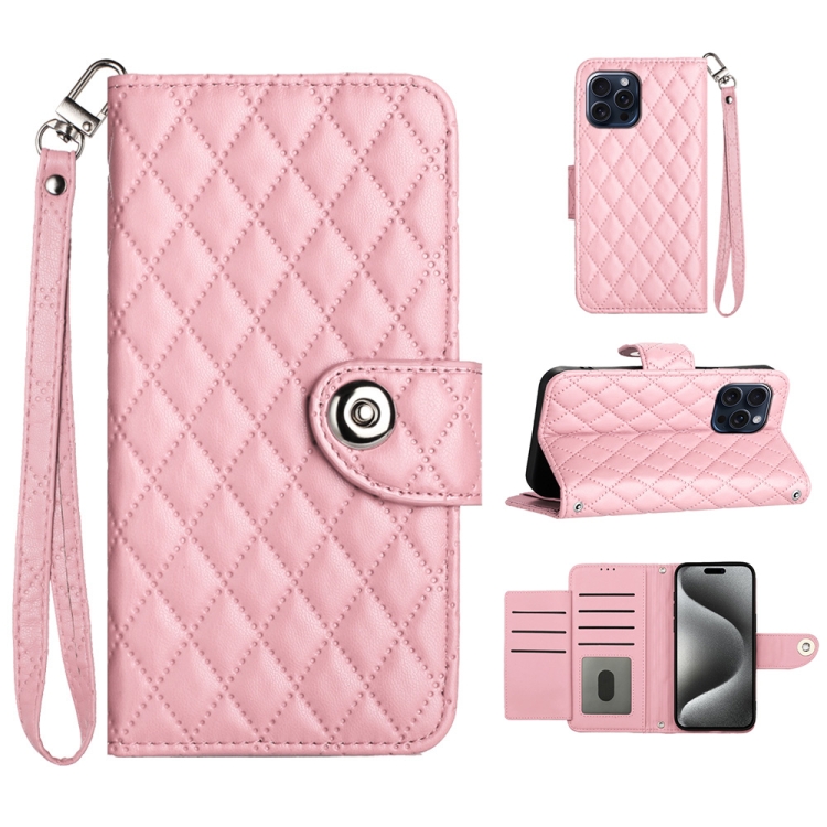 

For iPhone 14 Pro Rhombic Texture Flip Leather Phone Case with Lanyard(Pink)