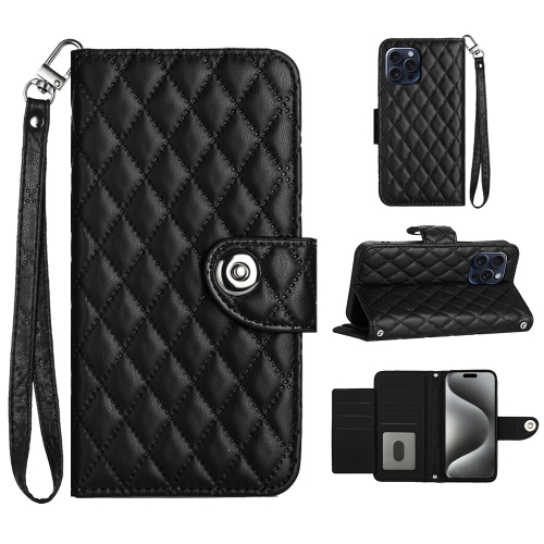 

For iPhone 13 Pro Max Rhombic Texture Flip Leather Phone Case with Lanyard(Black)