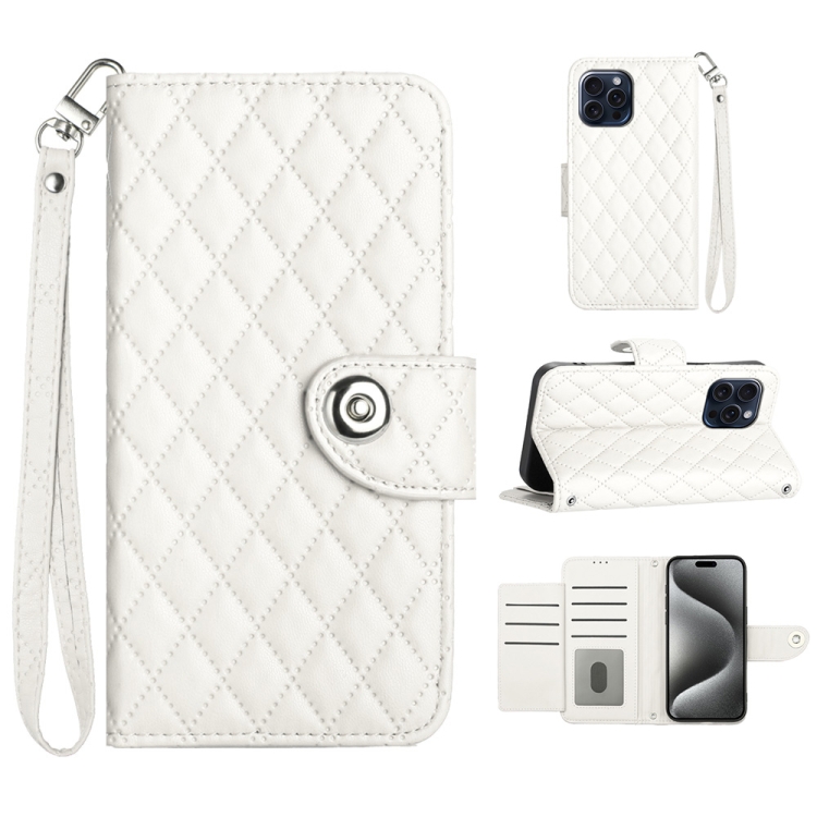 

For iPhone 13 Pro Rhombic Texture Flip Leather Phone Case with Lanyard(White)