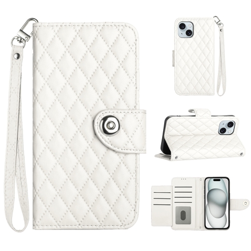 

For iPhone 13 Rhombic Texture Flip Leather Phone Case with Lanyard(White)