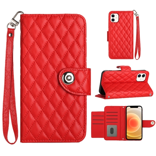 

For iPhone 12 / 12 Pro Rhombic Texture Flip Leather Phone Case with Lanyard(Red)