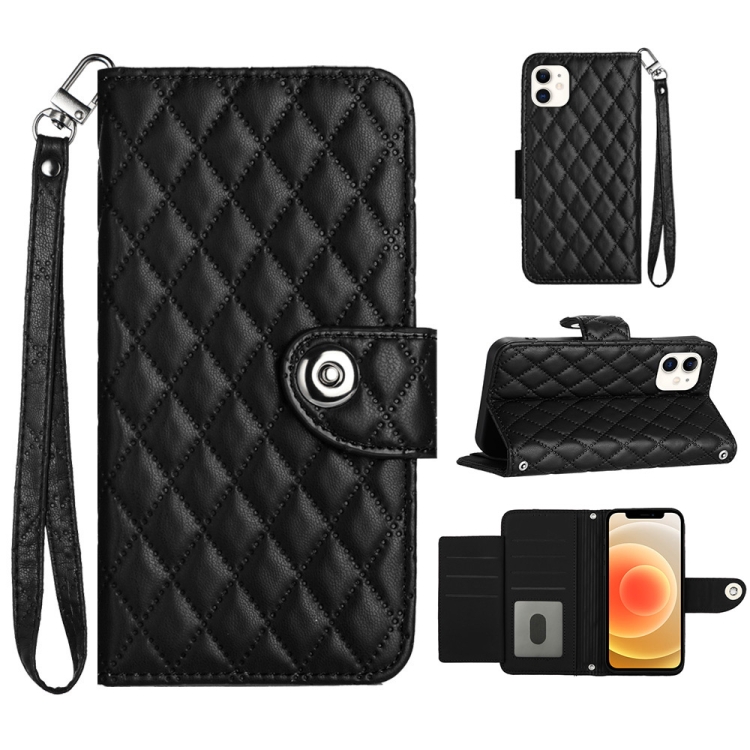 

For iPhone 12 / 12 Pro Rhombic Texture Flip Leather Phone Case with Lanyard(Black)