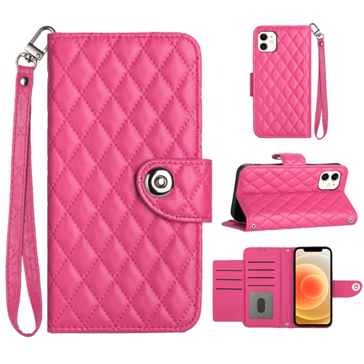 

For iPhone 12 / 12 Pro Rhombic Texture Flip Leather Phone Case with Lanyard(Rose Red)