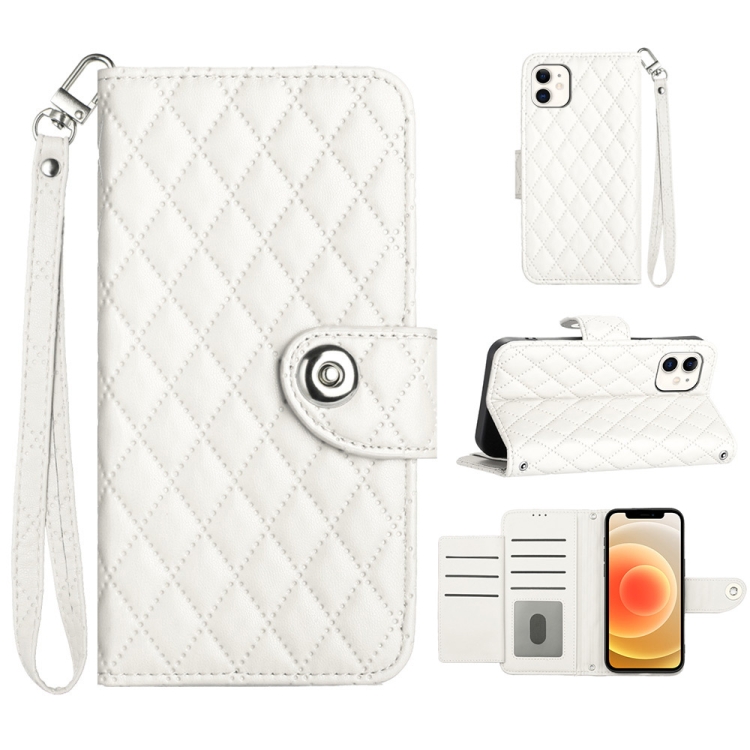 

For iPhone 12 / 12 Pro Rhombic Texture Flip Leather Phone Case with Lanyard(White)