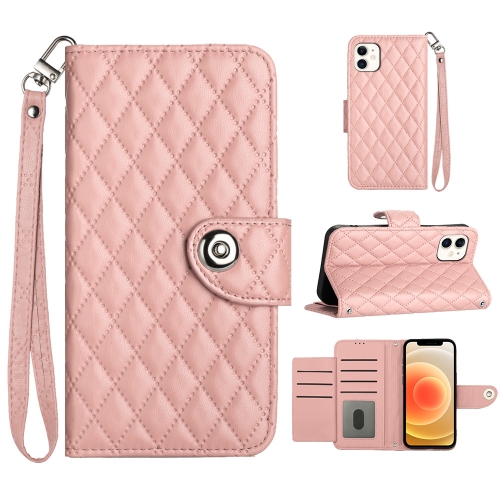 

For iPhone 12 / 12 Pro Rhombic Texture Flip Leather Phone Case with Lanyard(Coral Pink)