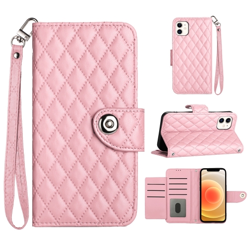 

For iPhone 12 / 12 Pro Rhombic Texture Flip Leather Phone Case with Lanyard(Pink)