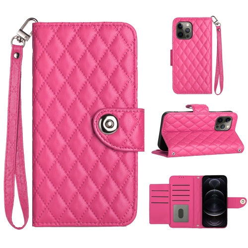 

For iPhone 12 Pro Max Rhombic Texture Flip Leather Phone Case with Lanyard(Rose Red)