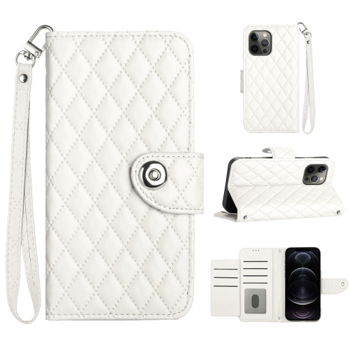 

For iPhone 12 Pro Max Rhombic Texture Flip Leather Phone Case with Lanyard(White)
