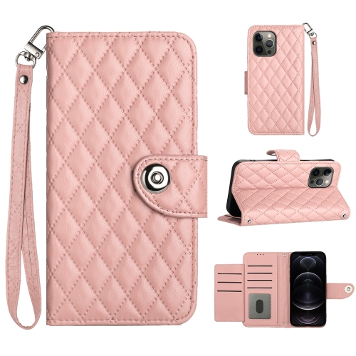 

For iPhone 12 Pro Max Rhombic Texture Flip Leather Phone Case with Lanyard(Coral Pink)