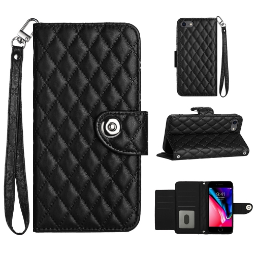 

For iPhone SE 2022 / 2020 / 8 / 7 Rhombic Texture Flip Leather Phone Case with Lanyard(Black)