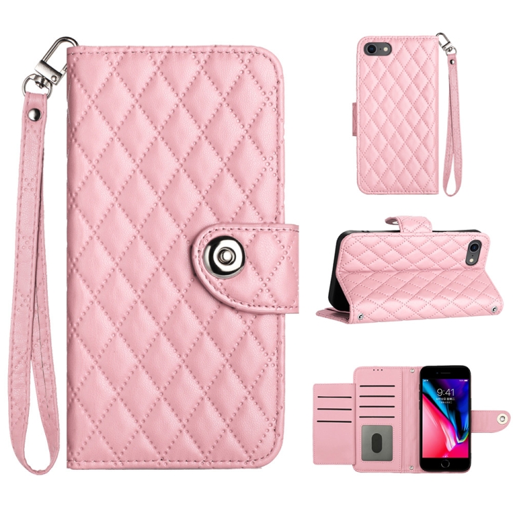 

For iPhone SE 2022 / 2020 / 8 / 7 Rhombic Texture Flip Leather Phone Case with Lanyard(Pink)