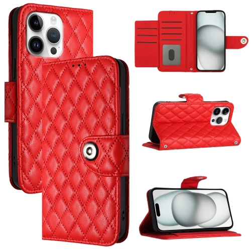 

For iPhone 16 Pro Max Rhombic Texture Flip Leather Phone Case with Lanyard(Red)