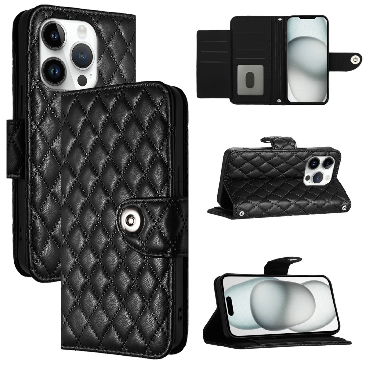 

For iPhone 16 Pro Rhombic Texture Flip Leather Phone Case with Lanyard(Black)