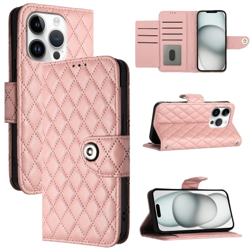 

For iPhone 16 Pro Rhombic Texture Flip Leather Phone Case with Lanyard(Coral Pink)