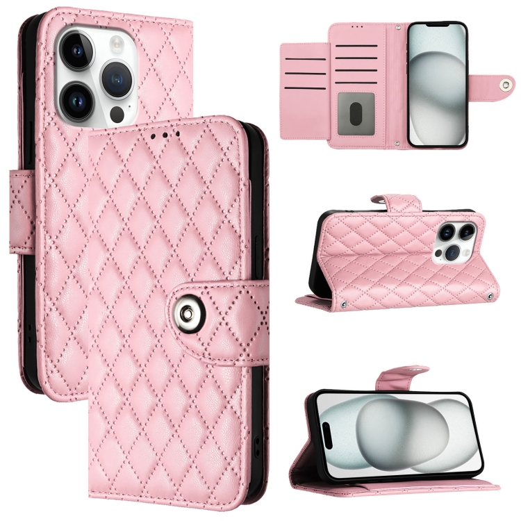 

For iPhone 16 Pro Rhombic Texture Flip Leather Phone Case with Lanyard(Pink)